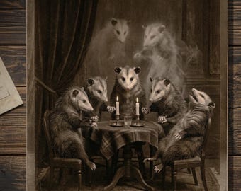 Vintage Victorian Opossum Seance Halloween Card Ghost Gothic Antique Style Photography Blank Inside