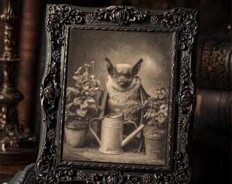 Victorian Bat With Watering Can Art Print Antique Style Sepia Bat Portrait Gothic Print