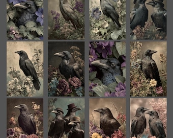 Floral Raven Notecard Set of 12 Gothic Botanical Stationery Vintage Greetings