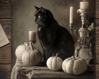 Vintage Victorian Black Cat With Pumpkins And Candles Halloween Card Gothic Witchy Antique Style Photography Blank Inside
