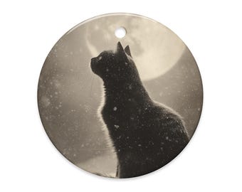 Vintage Victorian Black Cat Moon Snow Ornament Gothic Christmas Yule