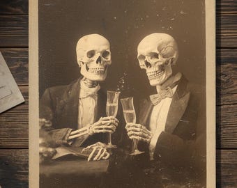 Vintage Victorian Skeleton Friends Toasting New Year Card Gothic Macabre Art Antique Style Photography Blank Inside