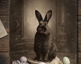 Vintage Gothic Black Easter Bunny Card Victorian Style Photo Cracked Pastel Eggs Dark Spring Blank Inside
