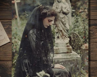 Vintage Victorian Cemetery Mourning Woman Sympathy Card Antique Condolence Cabinet Photo Blank Inside