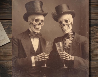Vintage Victorian Skeleton Couple Toasting New Year Card Gothic Macabre Art Antique Style Photography Blank Inside