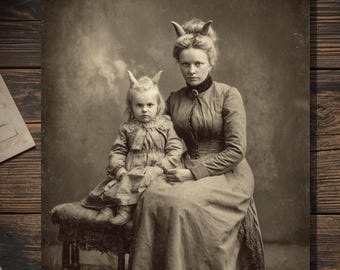 Vintage Victorian Horned Mother and Child Card Gothic Macabre Mother's Day Occult Antique Style Photography Blank Inside