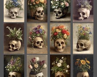 Vintage Skull Planter Notecard Set of 12 Blank Gothic Botanical Greeting Card Stationery