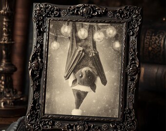 Gothic Christmas Bat In Santa Hat Dark Cute Winter  Art Print Sepia Vintage Macabre Holiday Wall Decor