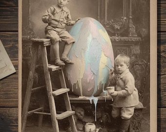 Vintage Gothic Easter Card Victorian Style Children Painting Giant Pastel Egg Dark Spring Blank Inside