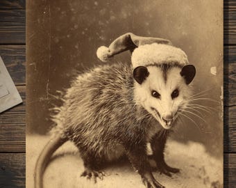 Vintage Victorian Christmas Opossum Santa Hat Holiday Card Funny Gothic Animal Greeting