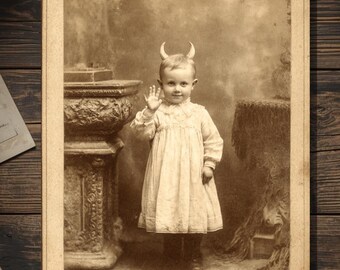 Vintage Victorian Horned Devil Toddler Card Gothic Macabre Mothers Day Fathers Day Antique Style Photography Blank Inside