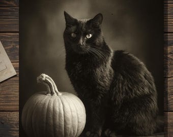 Vintage Victorian Black Cat With Pumpkin Halloween Card Gothic Witchy Spooky Antique Style Photography Blank Inside