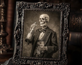 Victorian Skeleton Drinking Champagne Gothic Dark Humor  Art Print Macabre Antique Style Wall Decor