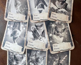 Vintage Victorian Bat Christmas Gift Tags Set of 9 Gothic Holiday Creepy Cute Winter Gift Wrapping