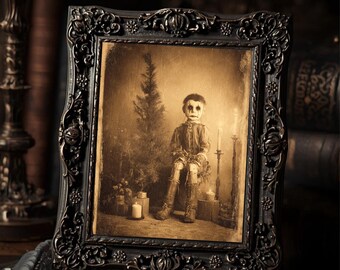 Creepy Puppet Child Christmas  Art Print Gothic Vintage Holiday Wall Art Sepia Spooky Photography