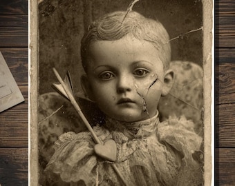 Vintage Victorian Cracked Porcelain Cupid Doll Valentine Card Gothic Macabre Antique Photography Blank Inside