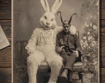 Vintage Gothic Easter Creepy Bunny Devil Greeting Card Victorian Style Dark Holiday Portrait Art Blank Inside