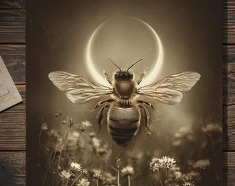 Vintage Victorian Lunar Bee Card Gothic Nature Moon Art Antique Style Photography Blank Inside