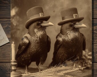 Vintage Gothic Raven Thanksgiving Card Pilgrim Hat Crows Dark Humor Blank Inside