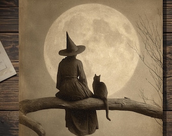 Vintage Victorian Witch and Black Cat Moon Gothic Halloween Card