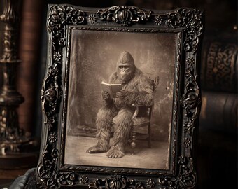 Vintage Victorian Bigfoot Reading Book Gothic Cryptid Wall Art Print Creepy Cabinet Card Style Sepia Oddities Home Decor  Print