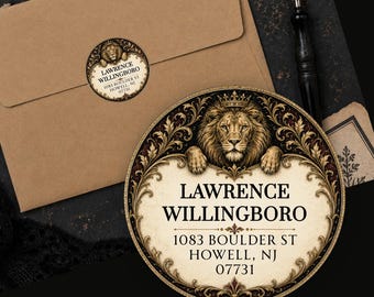 Personalized Vintage Lion Return Address Labels Regal Victorian Crown Custom Round Stickers