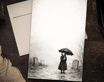 Victorian Cemetery Writing Paper Set 5.5 x 8.5 Gothic Girl Umbrella Rainy Graveyard Dark Academia Letter Kit
