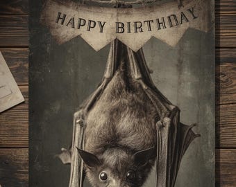 Vintage Victorian Hanging Bat Happy Birthday Card Gothic Macabre Art Antique Style Photography Blank Inside