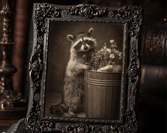Victorian Raccoon Holding Flowers Art Print Gothic Antique Style Sepia Raccoon Portrait