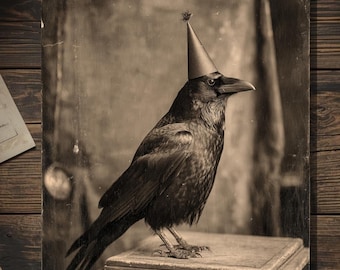 Vintage Victorian Raven in Party Hat Birthday Card Gothic Macabre Art Antique Style Photography Blank Inside