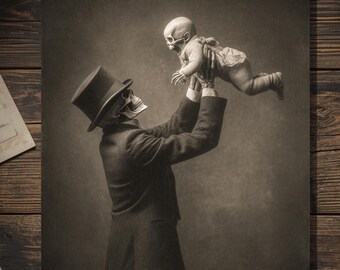 Vintage Victorian Skeleton Father Lifting Baby Father's Day Card Gothic Macabre Antique Style Photography Blank Inside