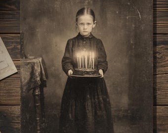Vintage Victorian Mourning Girl with Birthday Cake Card Gothic Macabre Art Antique Style Photography Blank Inside