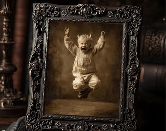 Victorian Demon Child Jumping Gothic Creepy Cute  Art Print Spooky Antique Style Wall Decor