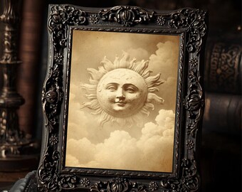 Vintage Sun Face Wall Art Print  Celestial Gothic Sepia Sun Illustration Clouds Sky Decor