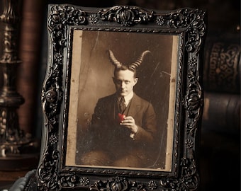 Horned Gentleman Holding Heart Gothic Dark Valentine Antique Style Art Print  Macabre Romantic Wall Decor