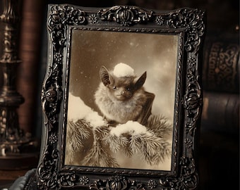 Gothic Christmas Bat In Snow Dark Cute Winter  Art Print Sepia Vintage Macabre Holiday Wall Decor