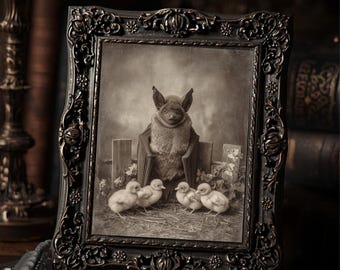 Vintage Victorian Bat With Chicks Gothic Wall Print Antique Style Art