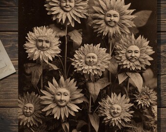 Vintage Victorian Sunflower Garden Card Gothic Surreal Art Antique Style Photography Blank Inside