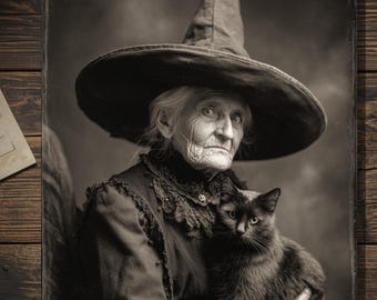 Vintage Victorian Witch and Black Cat Portrait Halloween Card Gothic Antique Style Photography Blank Inside