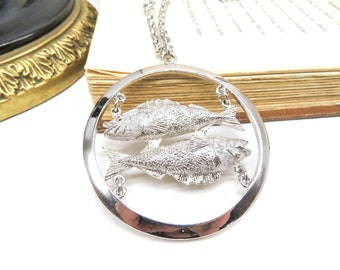 Vintage Silver Tone Pisces Zodiac Fish Pendant Necklace RR34