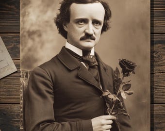 Vintage Victorian Edgar Allan Poe Rose Card Gothic Dark Humor Antique Style Photography Blank Inside