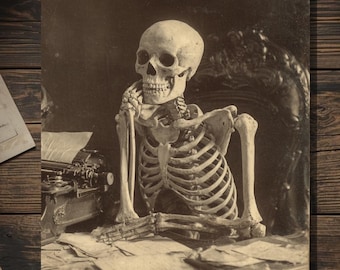 Victorian Skeleton at Desk Thinking of You Card Gothic Cabinet Card Macabre Sepia Antique Style Blank Inside