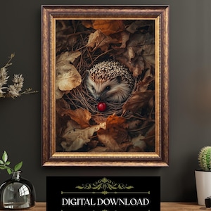 Autumn Hedgehog In Nest With Red Berry Woodland Animal Rustic Nature Wall Art