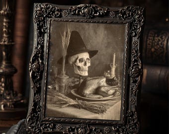 Vintage Gothic Thanksgiving Skull Print Victorian Style Dark Harvest Dinner  Wall Art