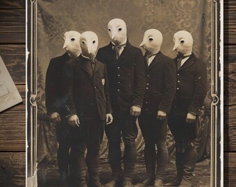 Victorian Bird Head Gentlemen Gothic Weird Vintage Sepia Creepy Group Portrait Art Greeting Card Blank Inside