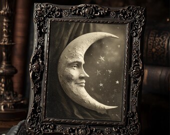 Vintage Victorian Crescent Moon Face Dreamy Surreal Gothic Night Sky  Art Print Antique Style Celestial Wall Decor