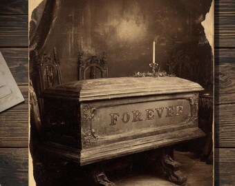 Vintage Victorian Coffin Forever Valentine Card Gothic Macabre Funeral Cabinet Photo Blank Inside