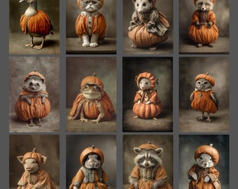 Vintage Halloween Animals Blank Notecard Set of 12 Victorian Pumpkin Costume Greeting Cards Funny Gothic Stationery