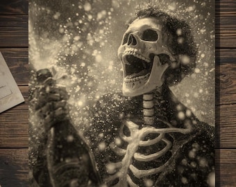 Vintage Victorian Skeleton Champagne Divorce Card Gothic Dark Humor Art Antique Style Photography Blank Inside