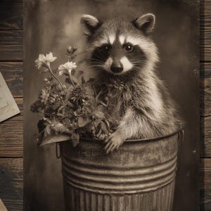Victorian Raccoon With Flowers Greeting Card Gothic Antique Style Sepia Raccoon Card